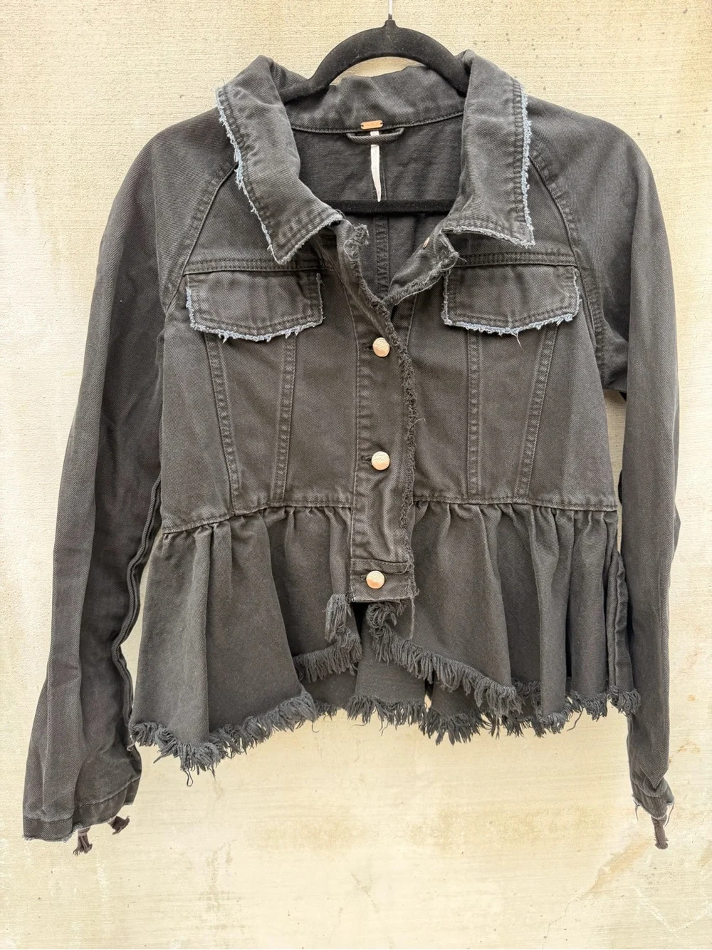 Free People Willow Black Denim Jacket Peplum Raw Hem Lace Up Cuff Military